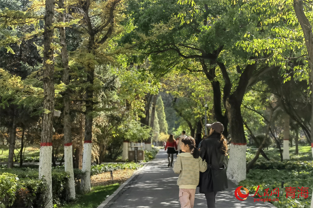 市民行走在西寧市人民公園內(nèi)。人民網(wǎng) 馬可欣攝