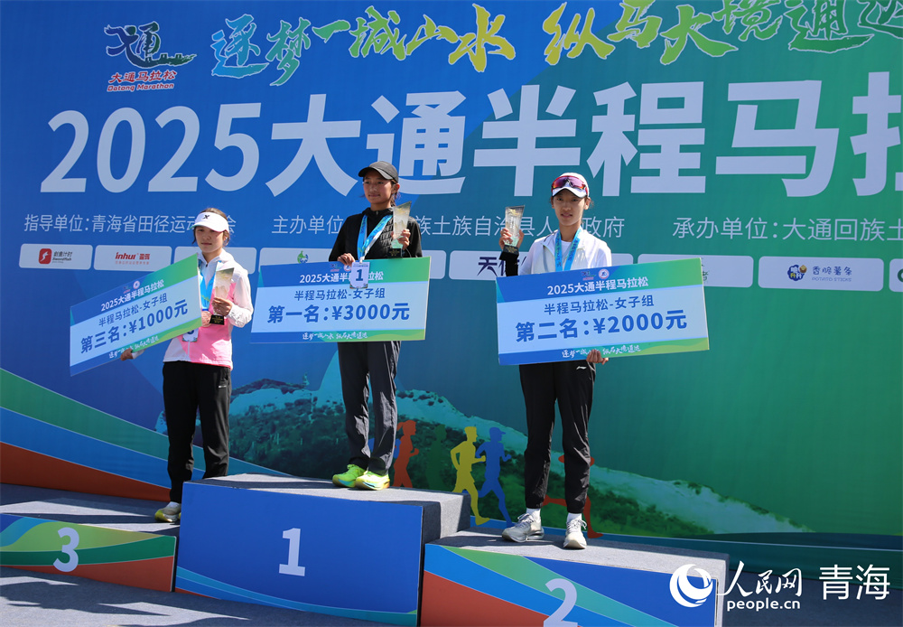 半程馬拉松女子組冠亞季軍。人民網(wǎng) 馬可欣攝