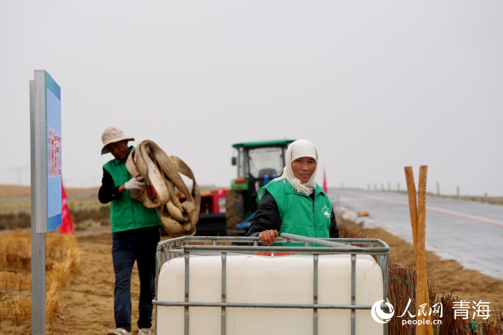 治沙工人正在工作。人民網(wǎng) 馬可欣攝