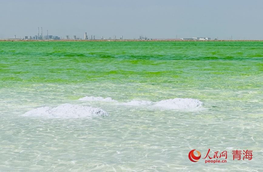 翡翠色的察爾汗鹽湖。人民網(wǎng)記者 甘海瓊攝