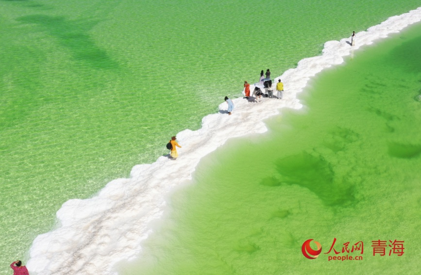 游客在察爾汗鹽湖。人民網(wǎng)記者 張力洋攝