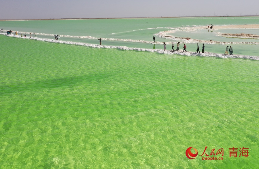 游客在察爾汗鹽湖。人民網(wǎng)記者 張力洋攝